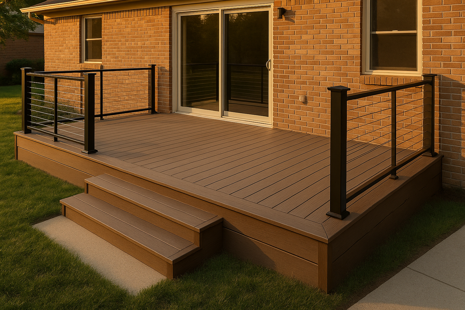 Golden-hour exterior of finished composite deck flush with brick house, integrated stairs and rail samples.