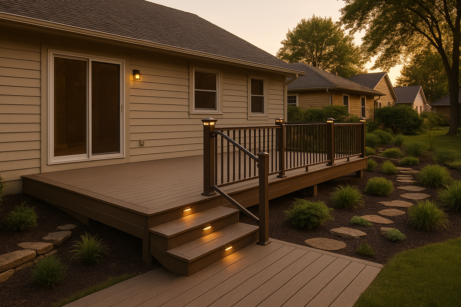 Wide-angle backyard deck with 1:12 ramp, composite decking, continuous handrail, warm LED step and post lights at golden hour.