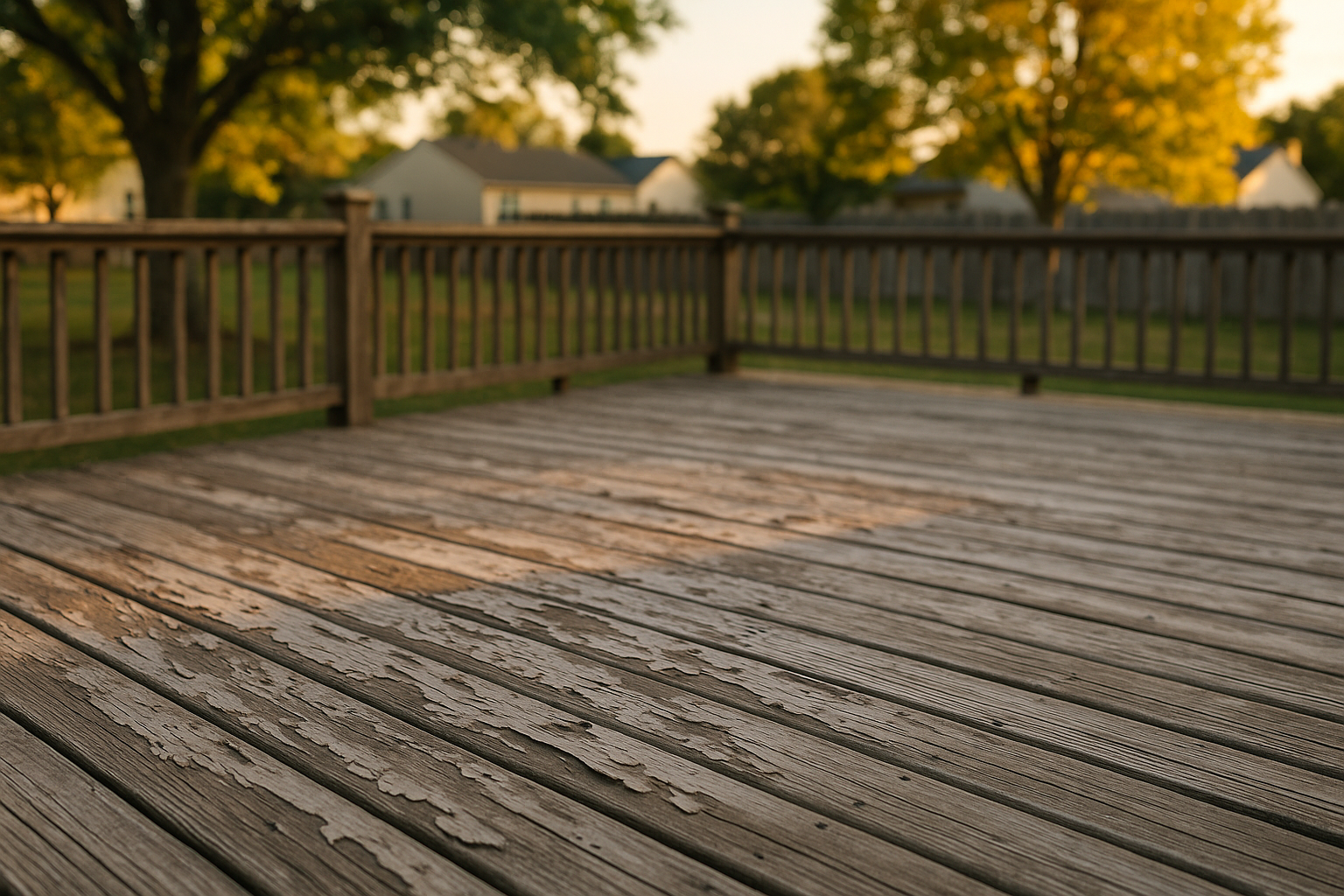 Wide golden-hour shot of driftwood-gray Western Red Cedar deck with peeling stain and cupped boards in Indianapolis suburban yard.