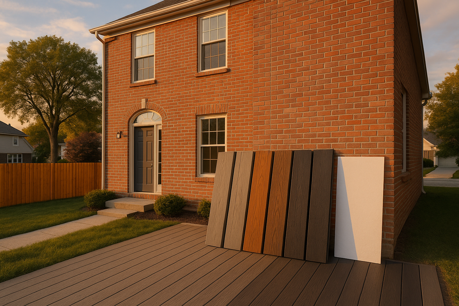 Wide golden-hour exterior of red-orange brick colonial with vertical composite board samples and white sheet, suburban backyard visible.