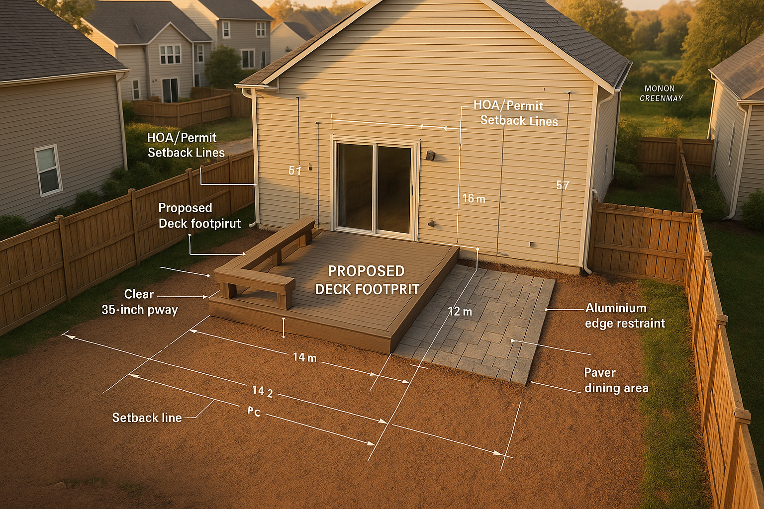 Aerial plan view of a compact Carmel backyard with deck footprint, setback lines, easement, paver zone, and material callouts at golden hour.