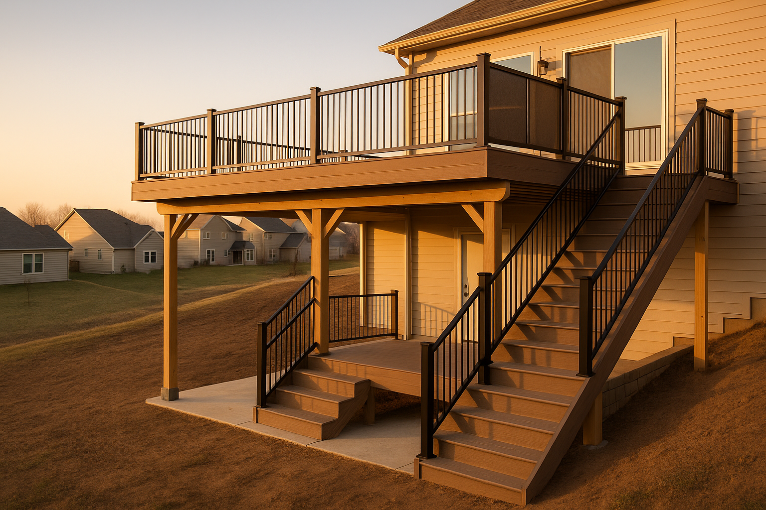 Wide-angle walkout basement deck at golden hour with composite boards, under-deck drainage, 6x6 posts, railing, lower patio.