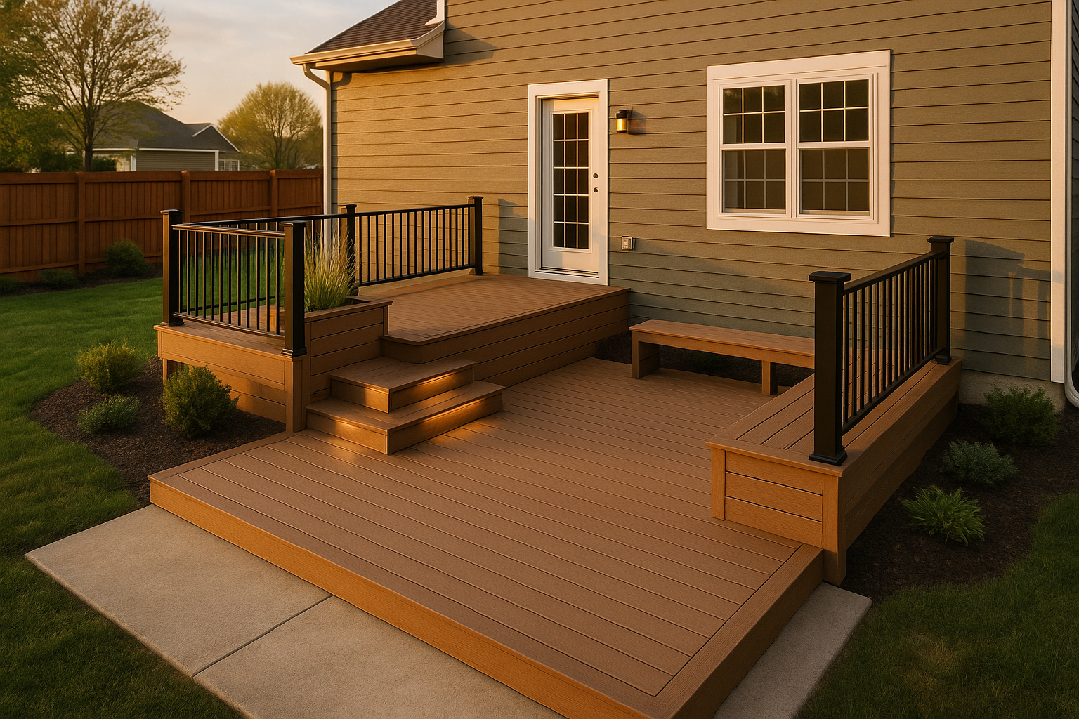 Two-level composite deck over concrete patio, upper door-level platform, built-in bench and planter, warm golden-hour suburban yard.