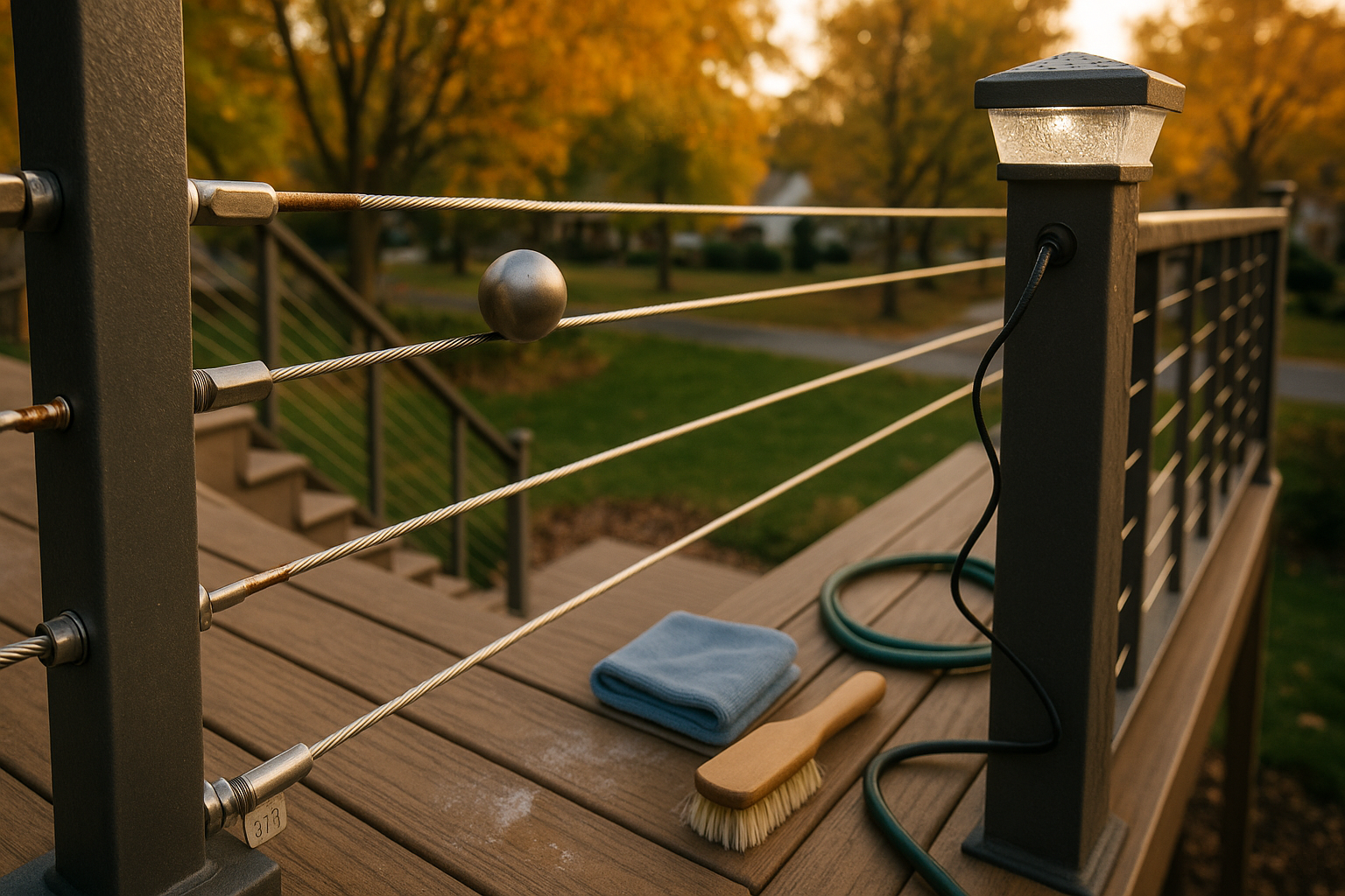Wide golden-hour deck view with stainless cable railing, tea-stain, 316 tag, 4-inch sphere, LED cap with droplets.