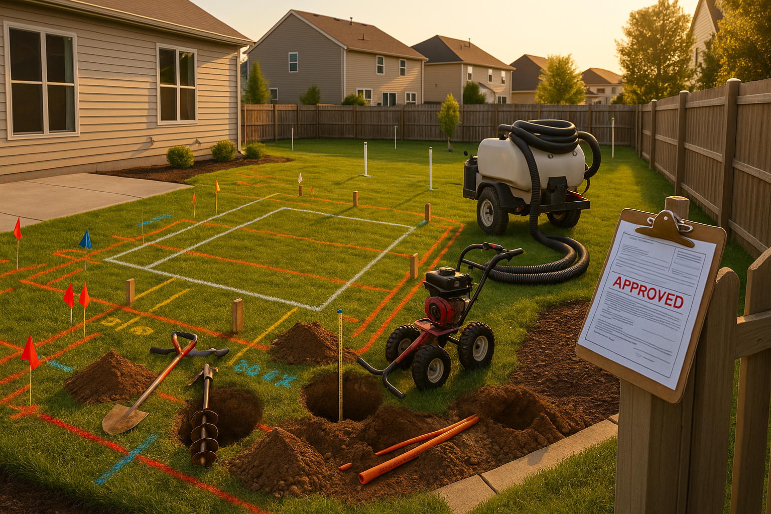 Backyard with spray-painted deck footprint, APWA flags, post-holes, augers, vacuum rig, exposed orange conduit, golden-hour light.