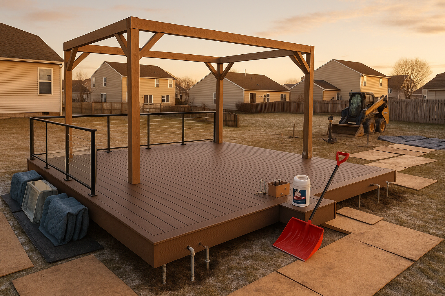 24-ft composite deck with pergola, helical piers, insulated footings, railing and worktable on a frost-dusted Indy suburban lot at golden hour.
