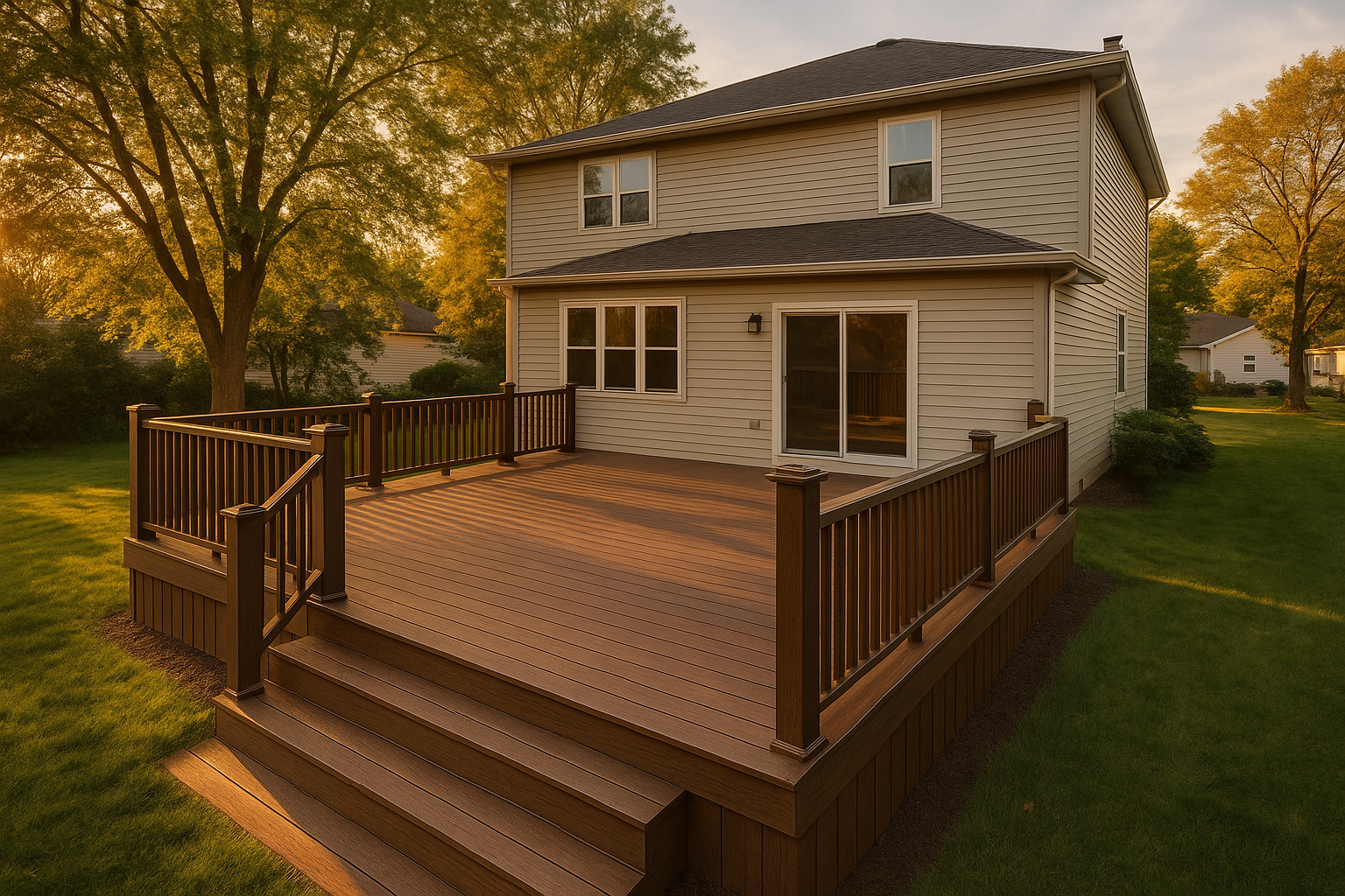 Wide golden-hour exterior of an Indianapolis composite deck with house, yard, and trees.