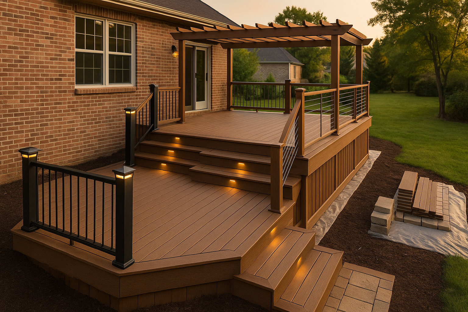 Multi-level composite deck on brick house at golden hour with pergola, aluminum and cable rails, LED steps, tidy jobsite.
