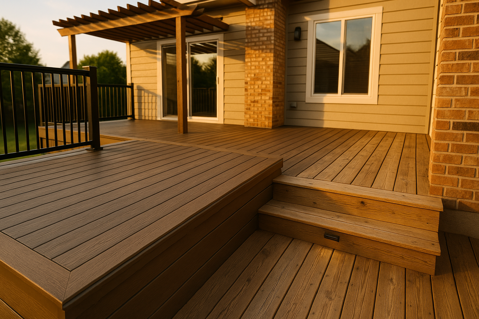 Wide golden-hour Indianapolis backyard deck: composite next to weathered wood, pergola, aluminum railing, brick veneer background, material-focused lighting.