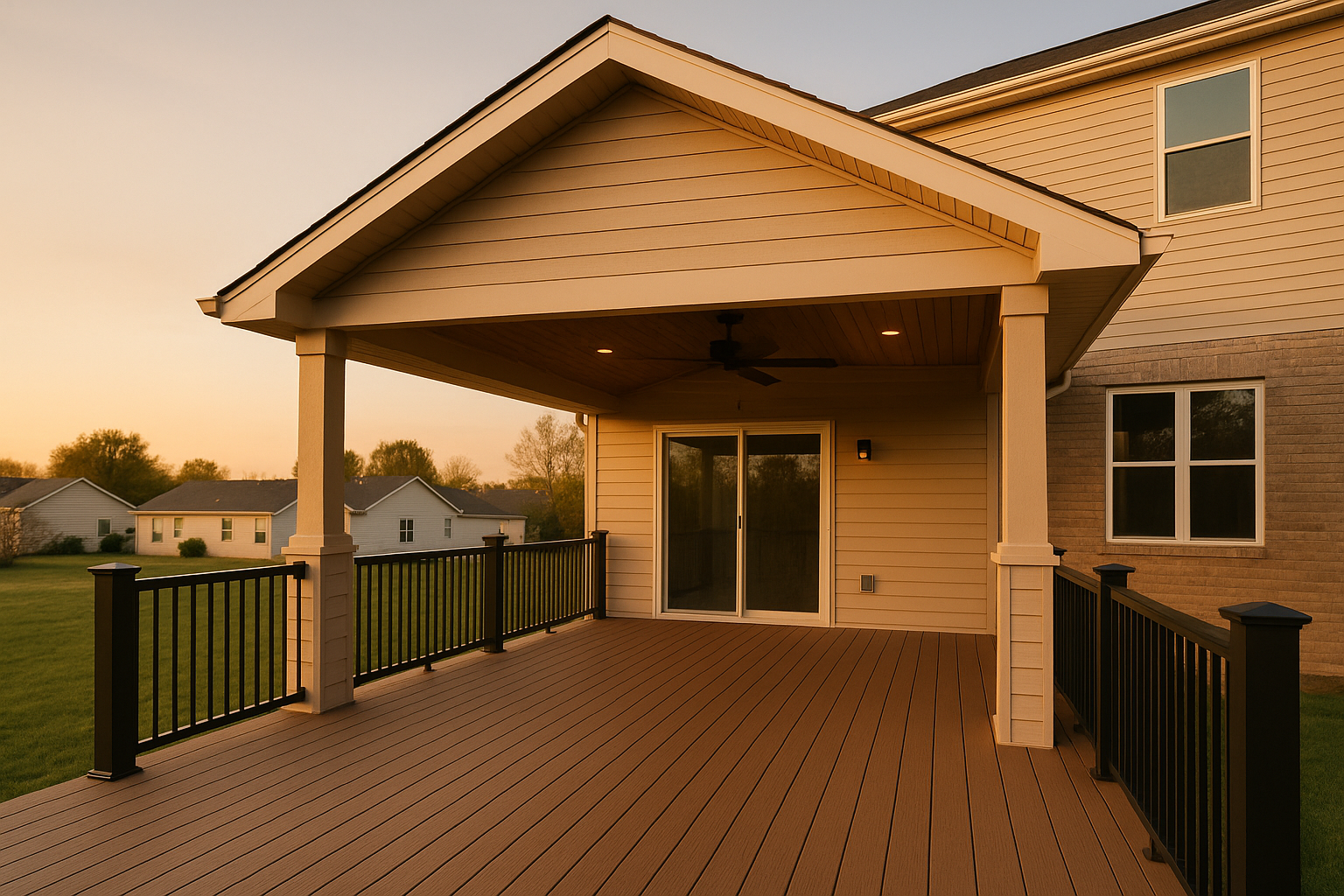 Gable-roof covered deck with composite planks, ceiling fan, black railing, warm golden hour, Indianapolis two-story walkout backyard.