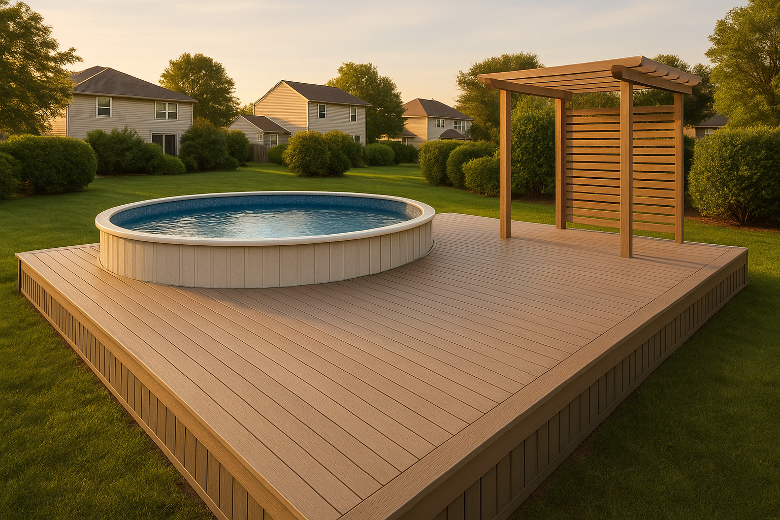 Wrap-around freestanding deck beside above-ground pool at golden hour, light gray composite boards, 3/4–1 in gap, vented skirting, suburban yard.