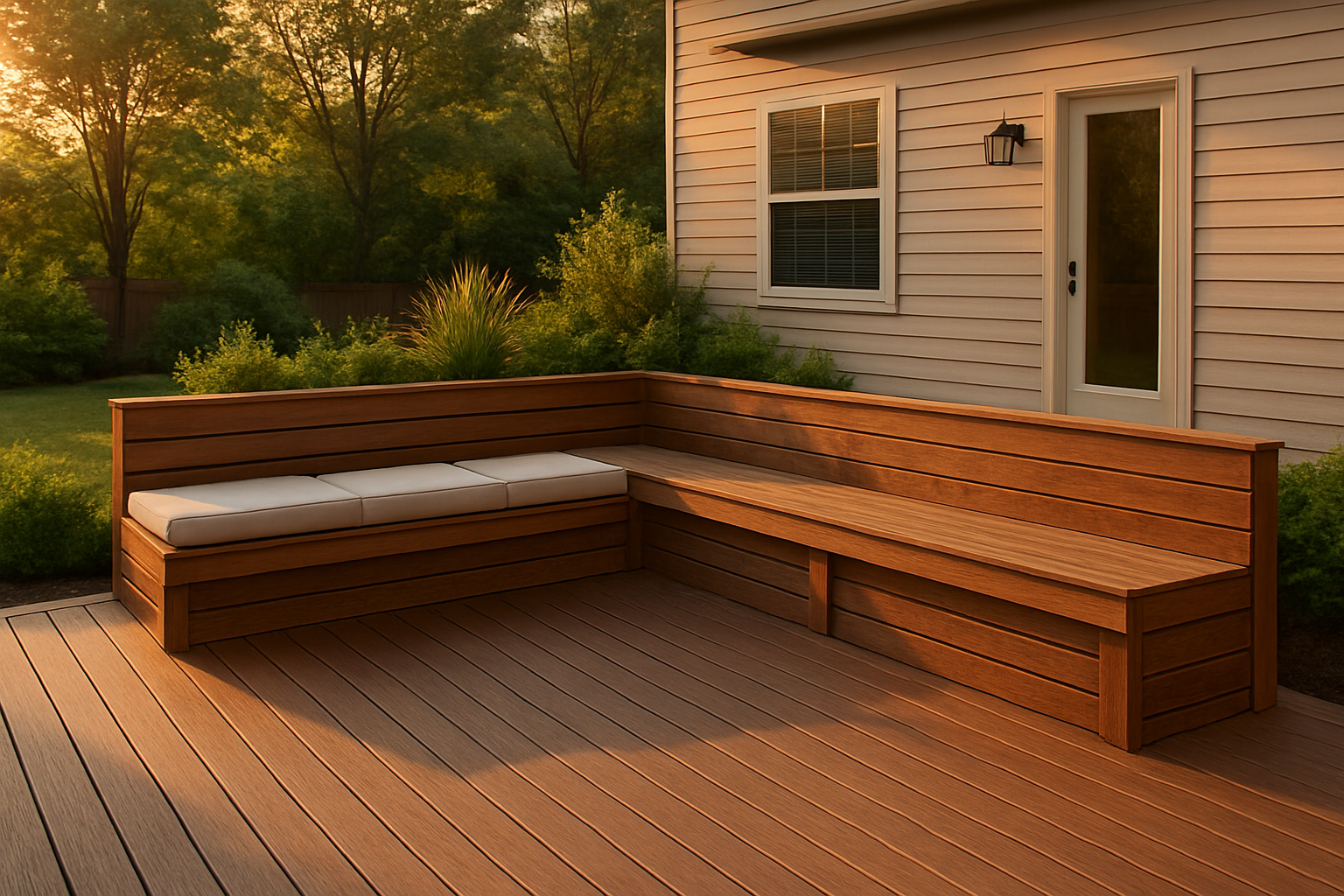 L-shaped composite corner bench with one cushioned leg, integrated planter, eased seat edge, golden-hour Indiana backyard.