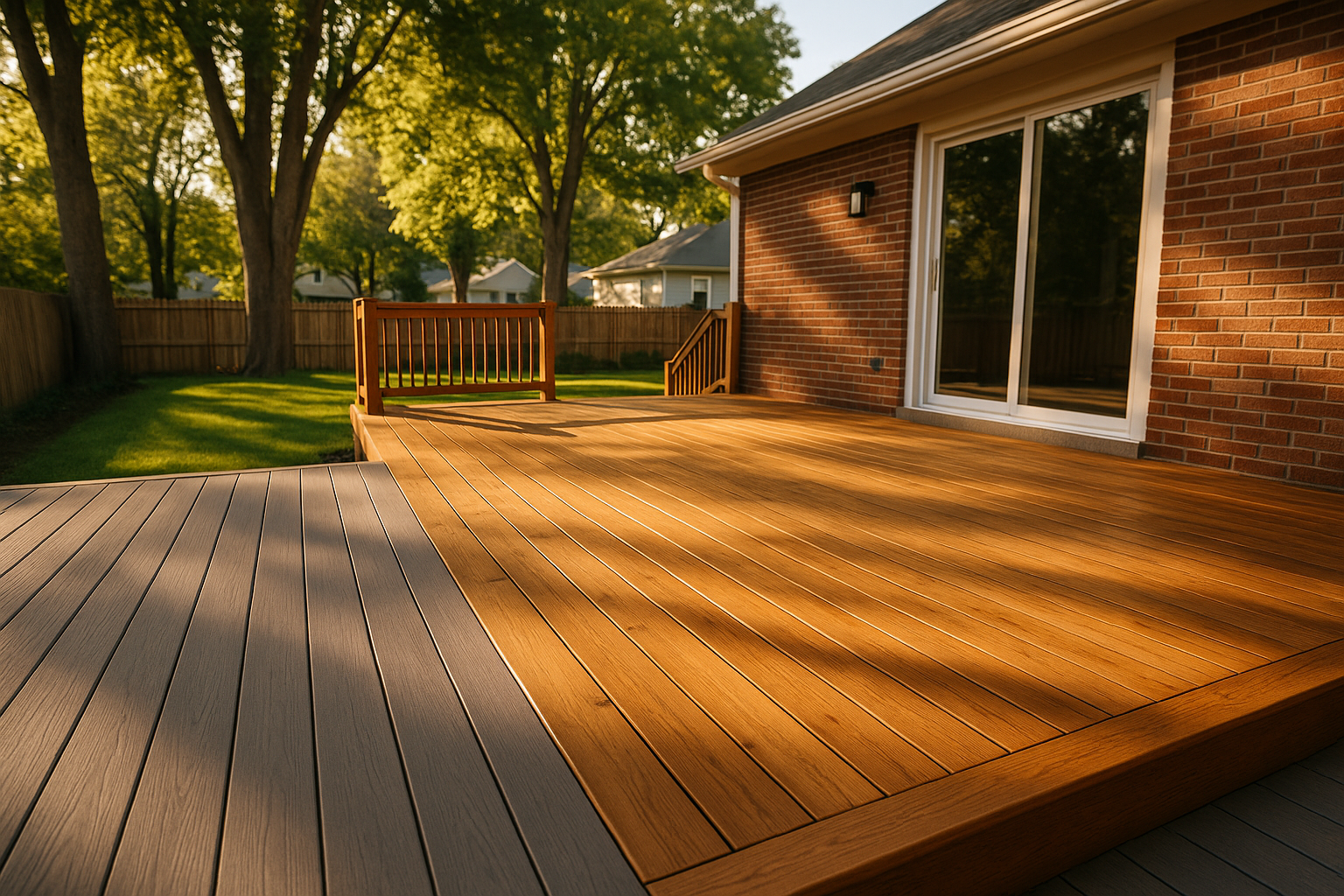 Wide Indianapolis backyard deck in golden-hour light showing sun and shade, brick siding, trees, and finished decking.