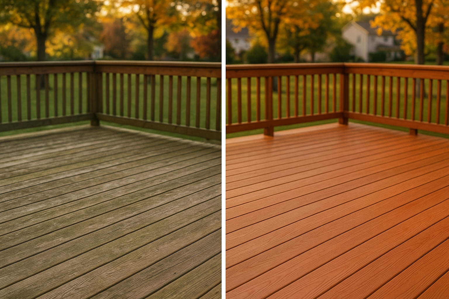 Side-by-side deck before (grimy) and after (restored) in warm golden-hour light, cedar boards, suburban backyard.