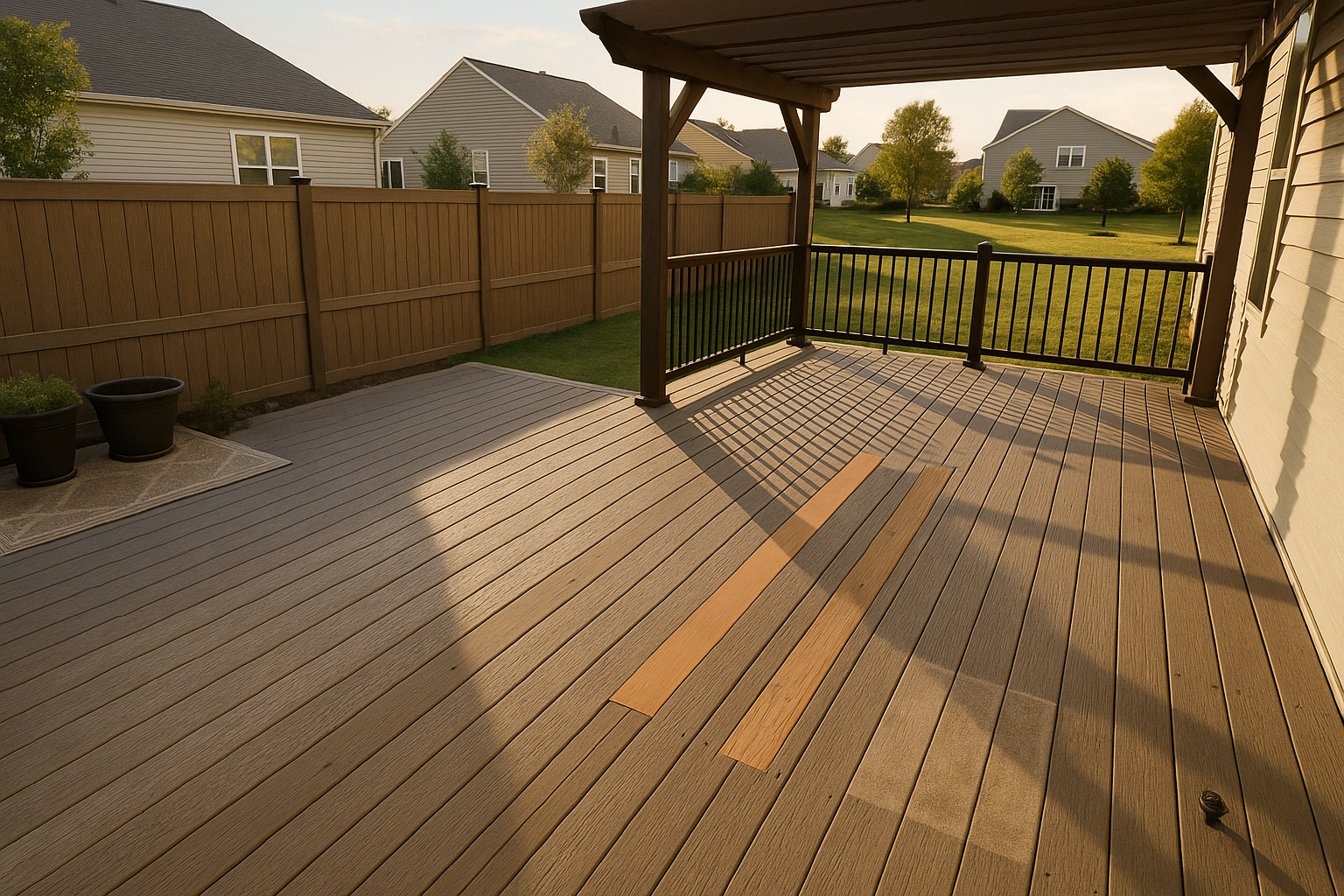 Wide-angle south-facing composite deck at golden hour with sharp sun/shade line and adjacent faded vs unfaded boards.
