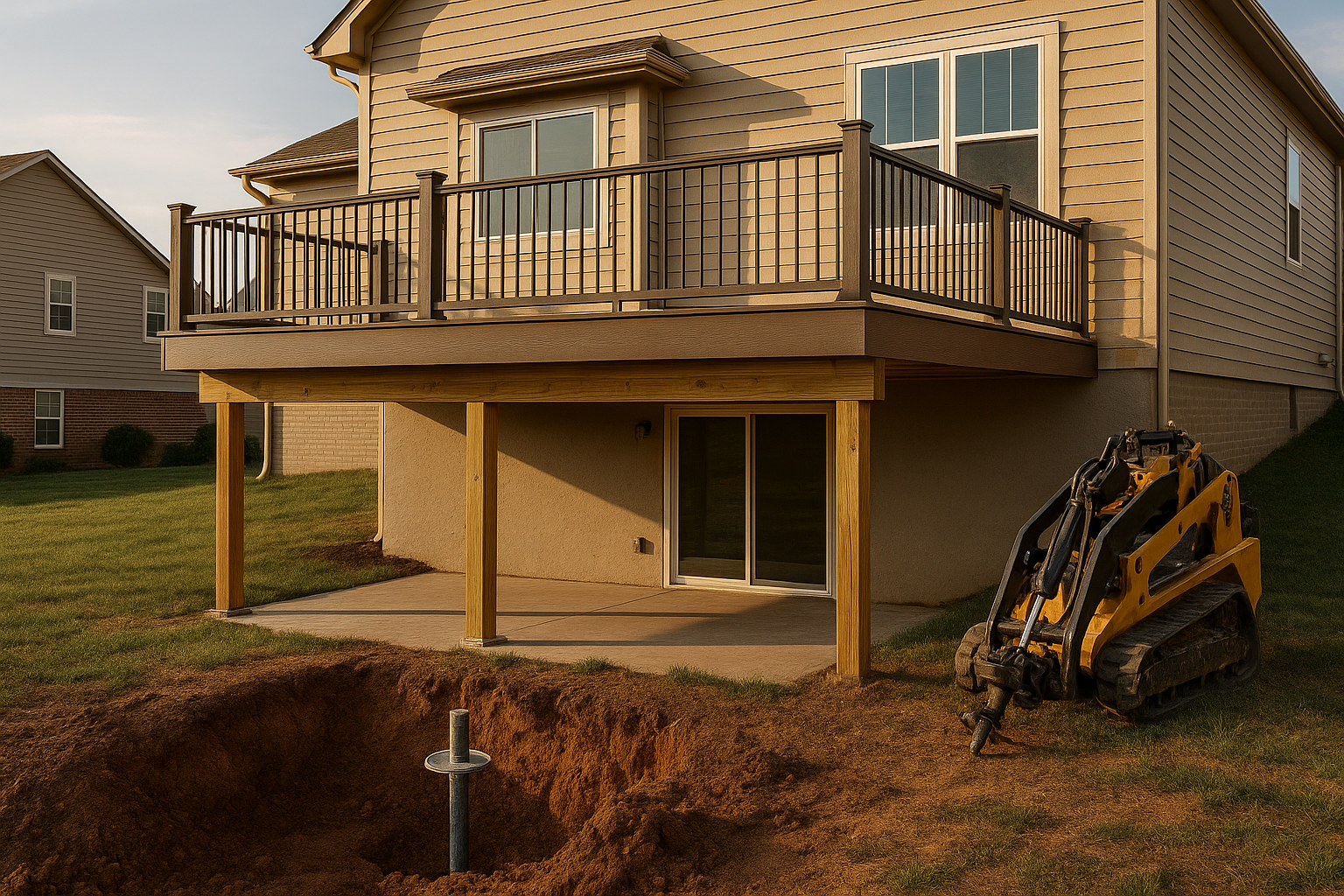 Elevated composite deck over walkout basement with under-deck enclosure and helical piers in clay, golden-hour suburban setting.