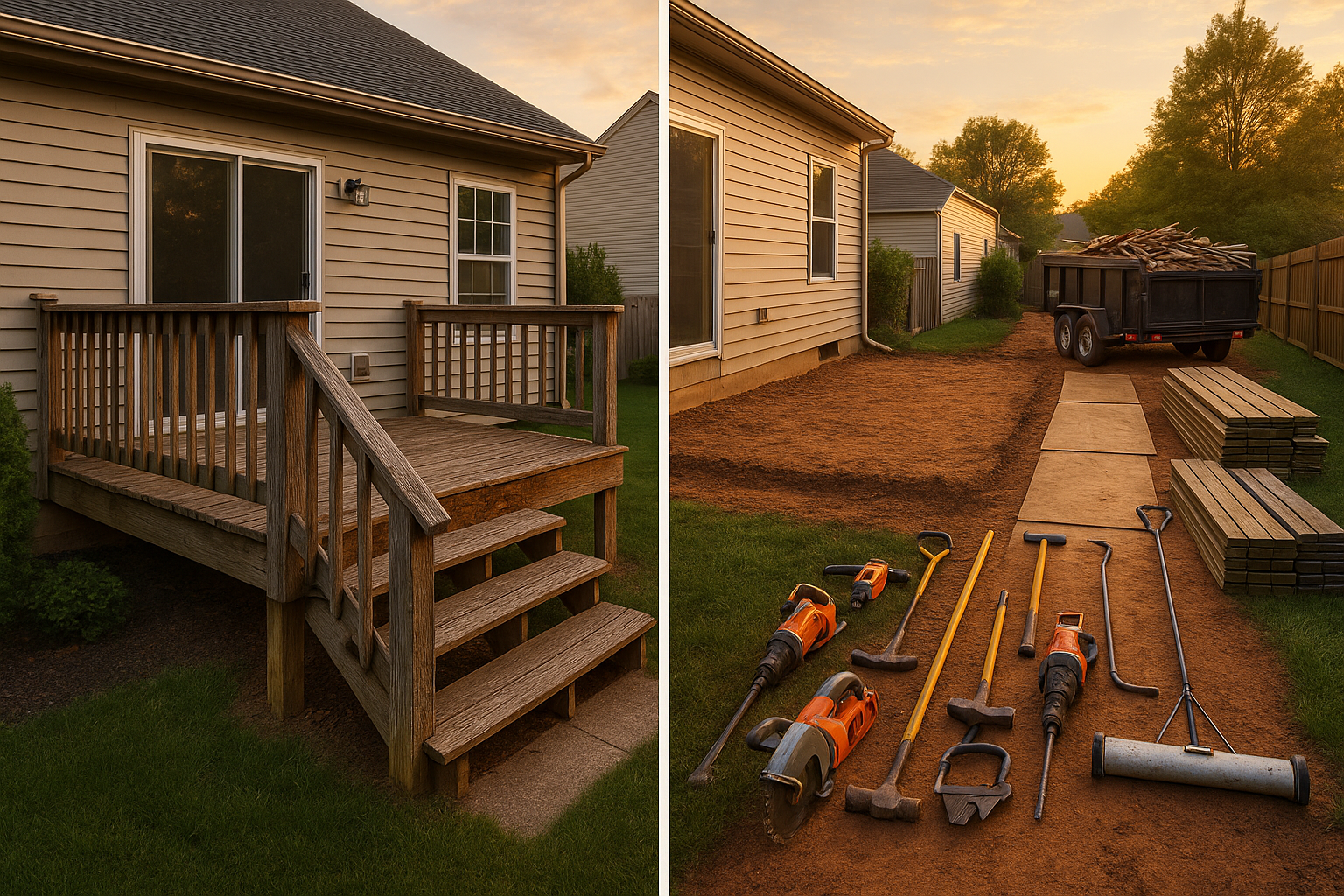 Split before-and-after yard: aging deck with rot, sagging stairs and debris vs cleared graded pad, dumpster, protected turf, golden hour.