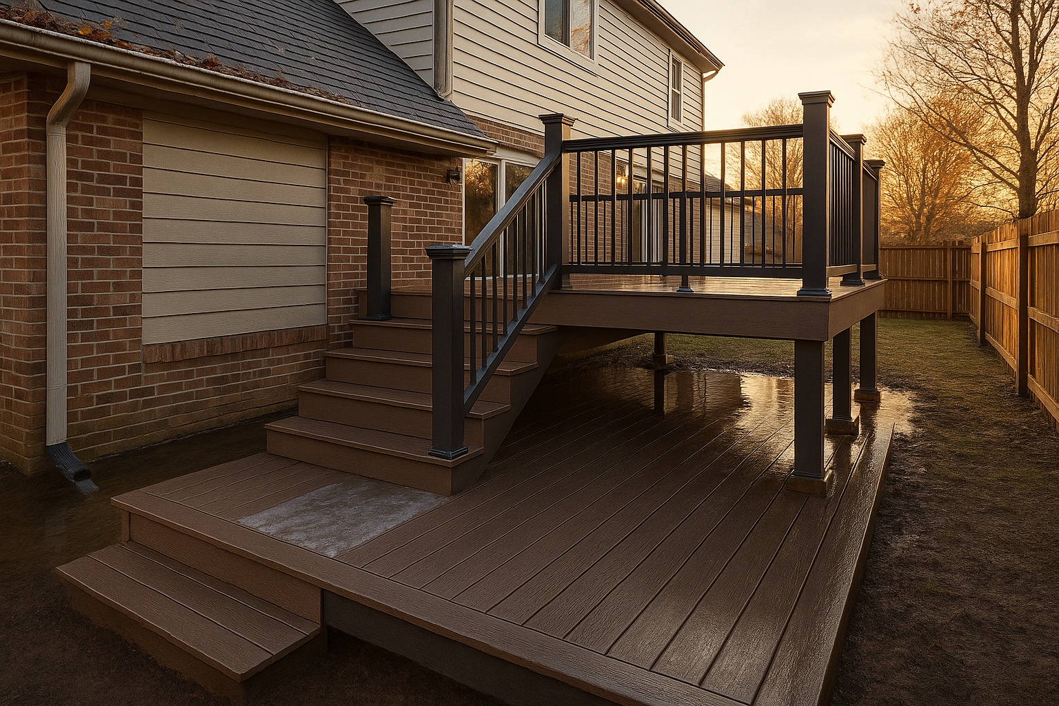Two-level composite deck at golden hour, gutters dumping onto lower deck, pooled foundation water, icy stair tread, wet post bases.