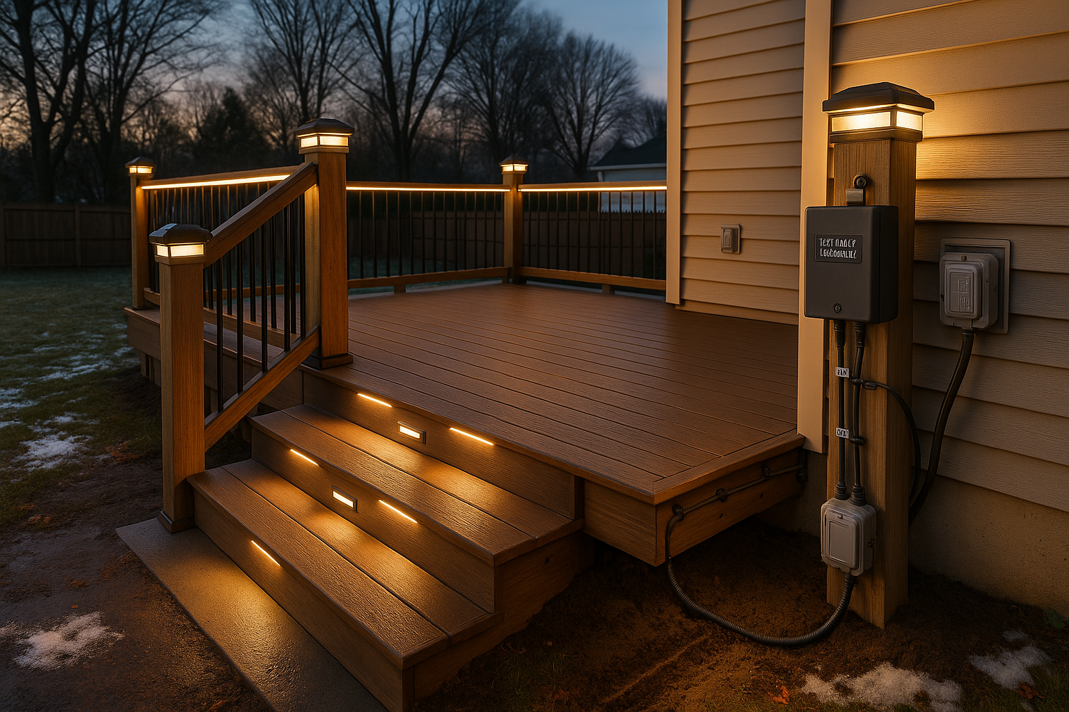 Dusk suburban deck with recessed stair lights, under-rail LEDs, post-cap lights, transformer and shallow buried cable trench.