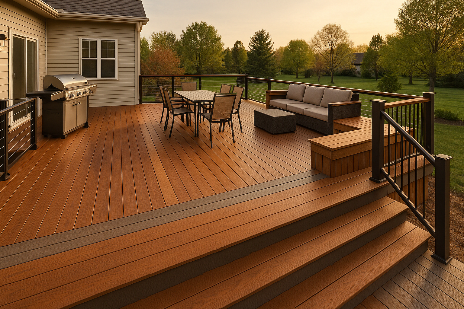 Wide-angle expanded deck with zones, built-in bench, cable and aluminum rails, stained transition, golden hour, Indianapolis backyard