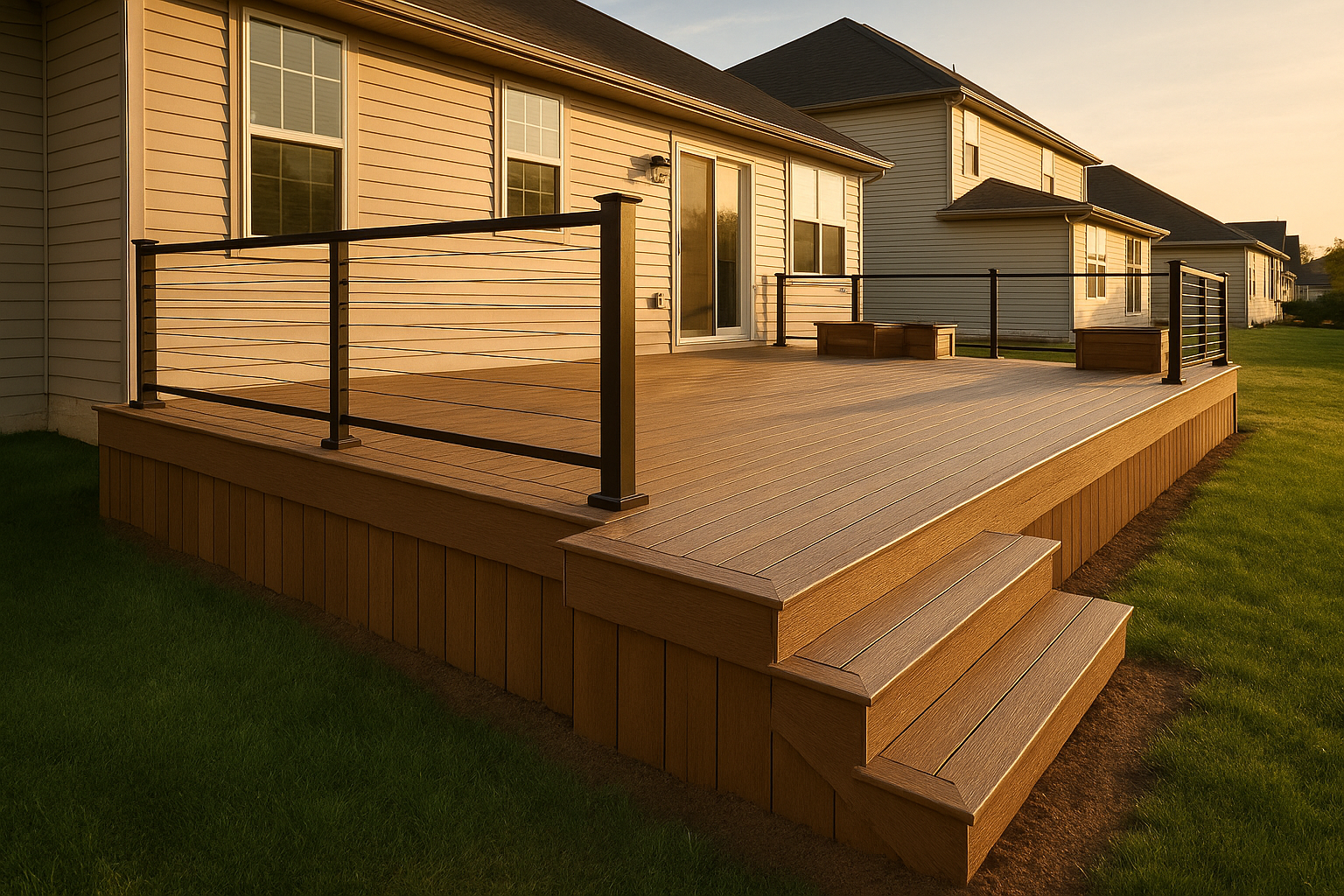 New composite deck at golden hour with aluminum cable railing and skirting on a suburban Indianapolis home.