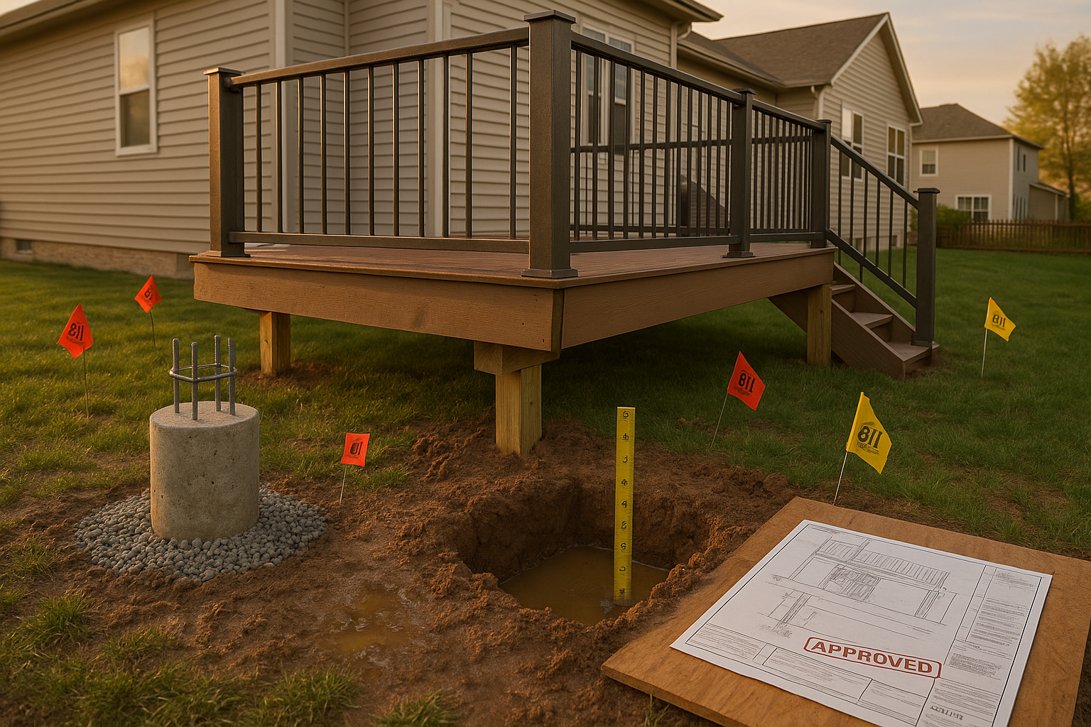 Golden-hour backyard showing lifted deck corner, exposed concrete pier with rebar, depth tape in footing, utility flags, wet clay, stamped plan.