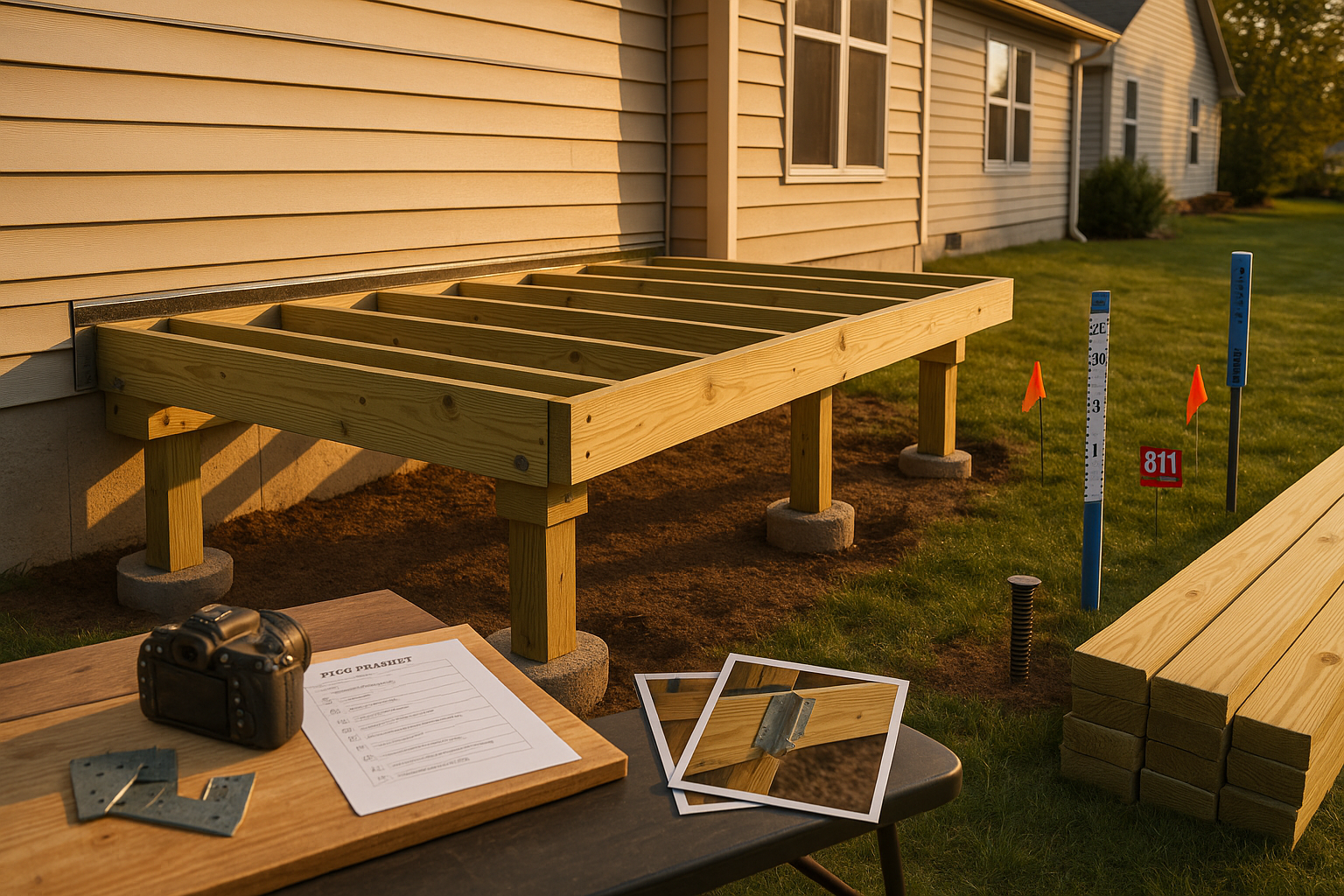 Open-frame deck showing ledger, joists, beams, posts, footings, frost marker, 811 stake, checklist on table, warm golden-hour light.