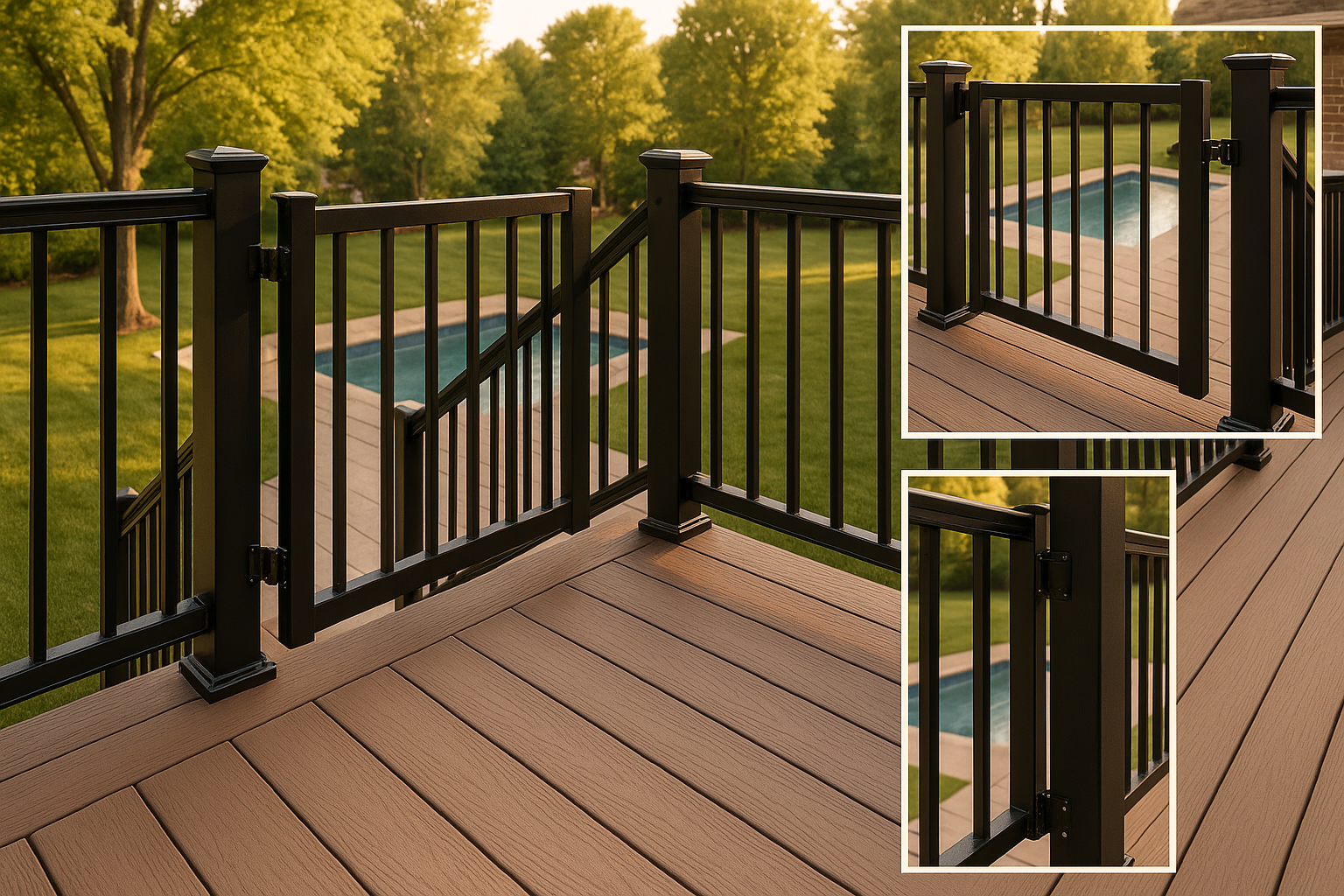 Top-of-stairs raised deck with black aluminum gate swinging away, composite boards, reinforced hinge post, golden hour, pool beyond.