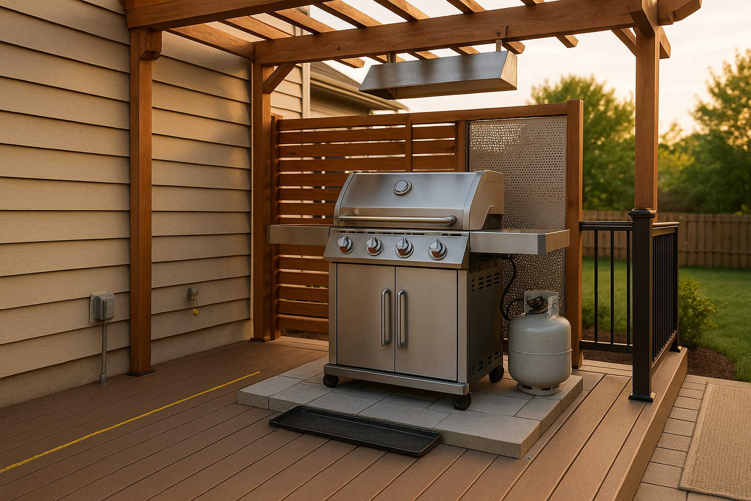Wide golden-hour deck: 4-burner grill on raised paver, composite decking, pergola with heat shield, windscreen, propane tank, no people.