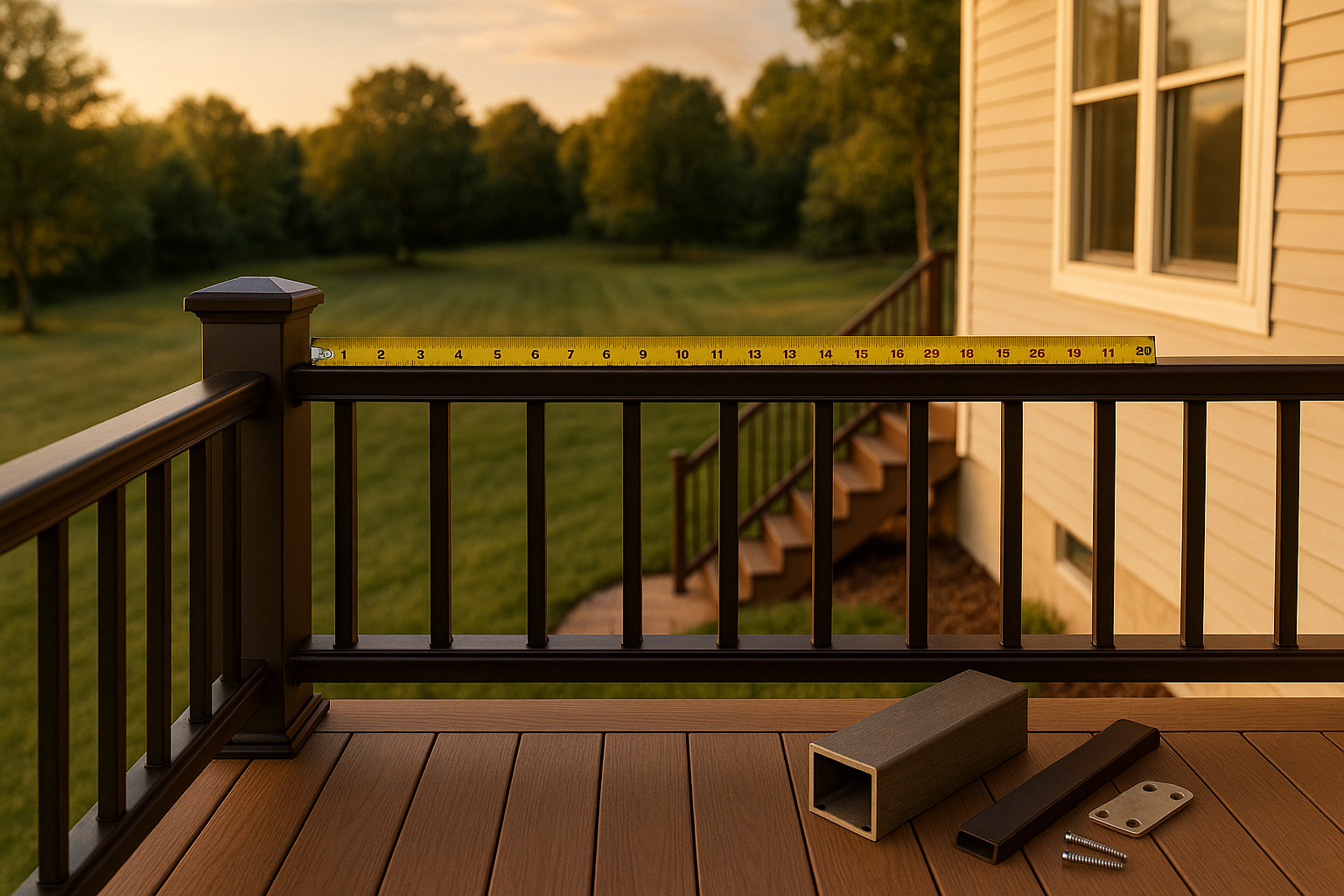 Wide golden-hour deck view with 36" top-rail tape measure, powder-coated rail, composite decking, Indianapolis backyard.