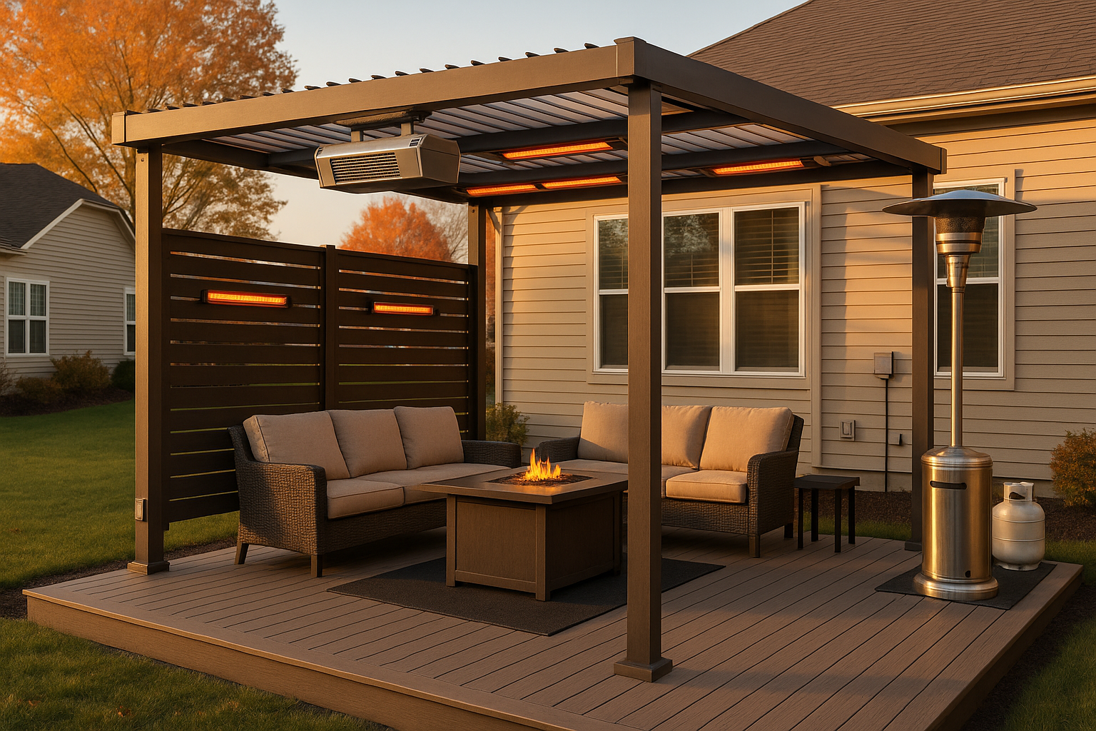 12x16 pergola on composite deck with multiple infrared heaters, gas ceiling unit, privacy panels, hidden wiring, golden-hour suburban yard.
