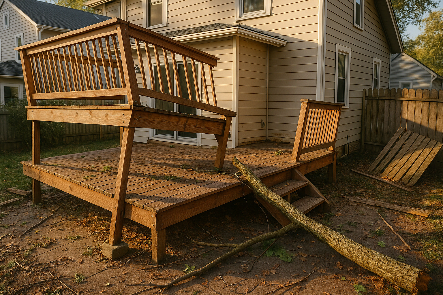 Wide exterior of two-story Indianapolis deck with leaning upper rail, fallen limb, shifted post, cracked footing, golden hour light.