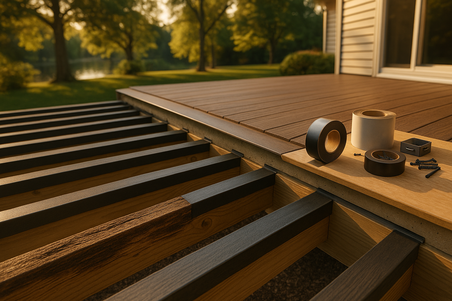 Wide Indianapolis backyard deck at golden hour showing composite decking, taped joists, ledger flashing, and nearby tape roll on workbench.