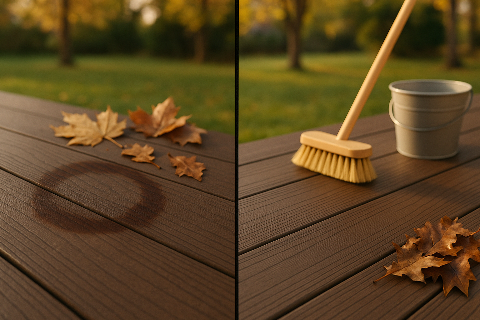 Split close-up: tea-colored tannin ring left, cleaned composite board right, damp maple leaves, soft golden-hour light.