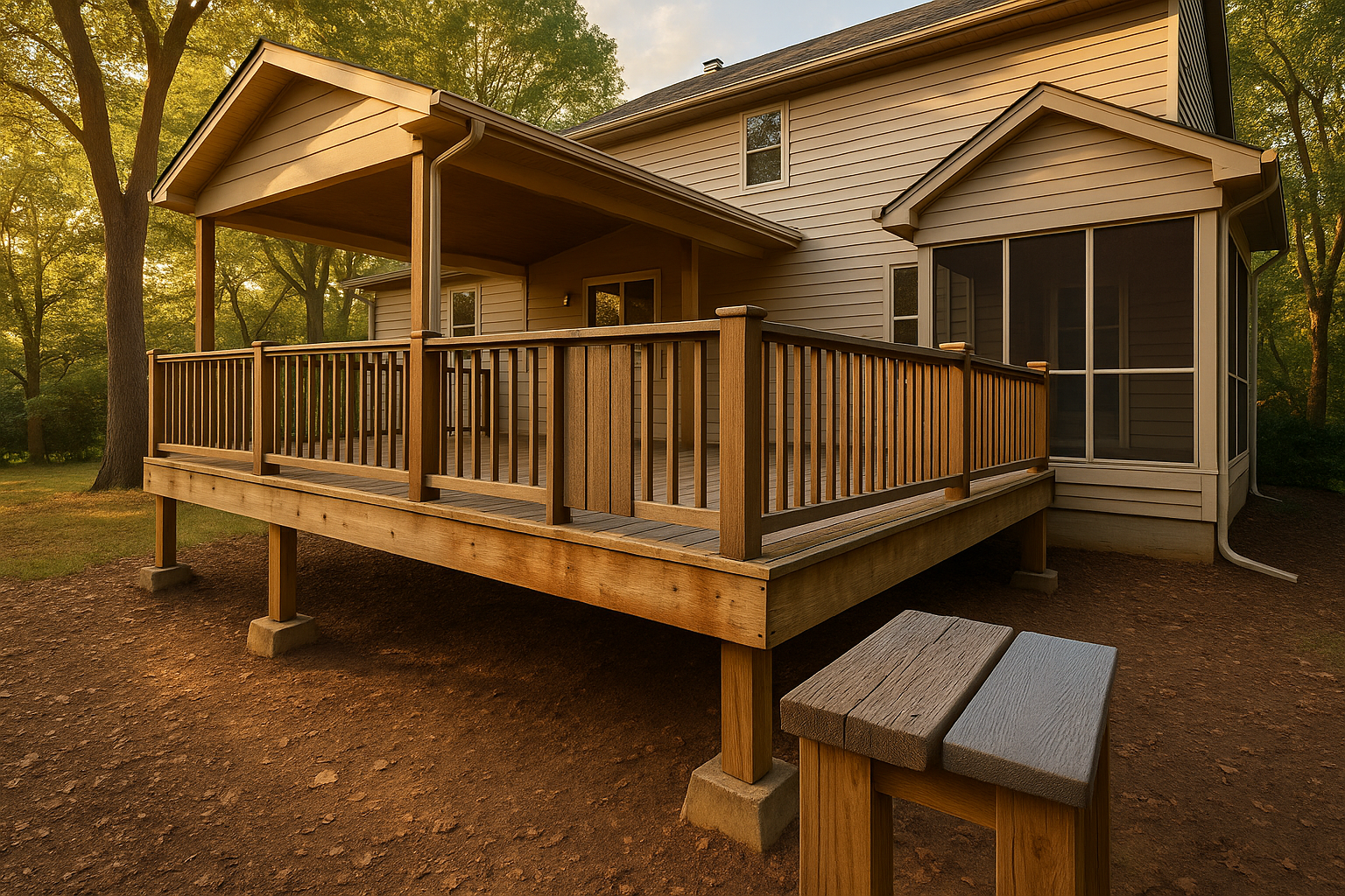 Wide golden-hour Indianapolis backyard with deck, missing ledger flashing, covered roof, screened porch, clay soil, and board samples.