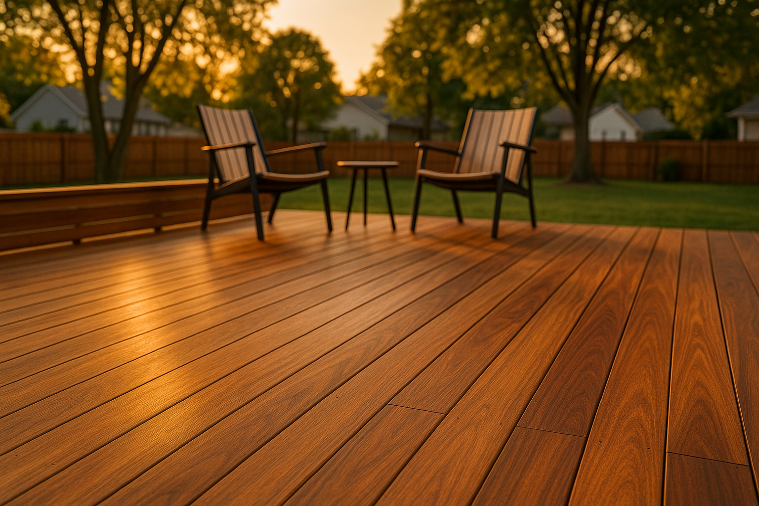 Finished Ipe deck at golden hour, long boards with visible splices, simple chairs, Midwestern backyard, warm natural light.