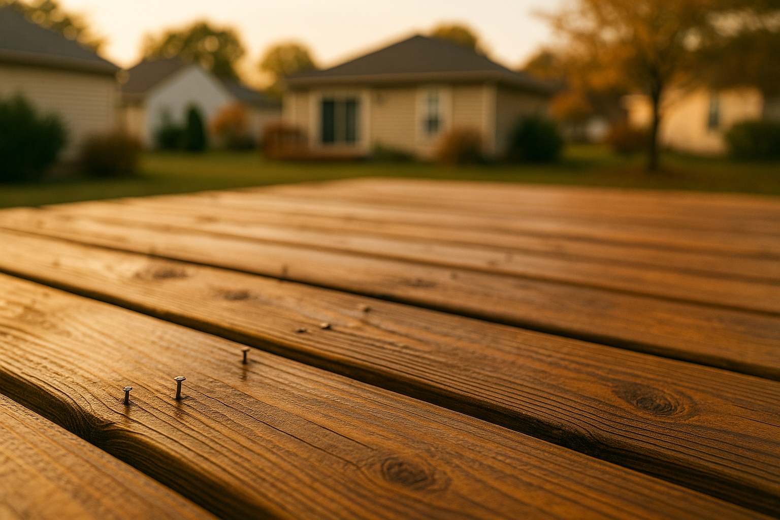 Wide golden-hour Indianapolis backyard deck with multiple popped nails, cupped boards, and damp sheen on pressure-treated pine.