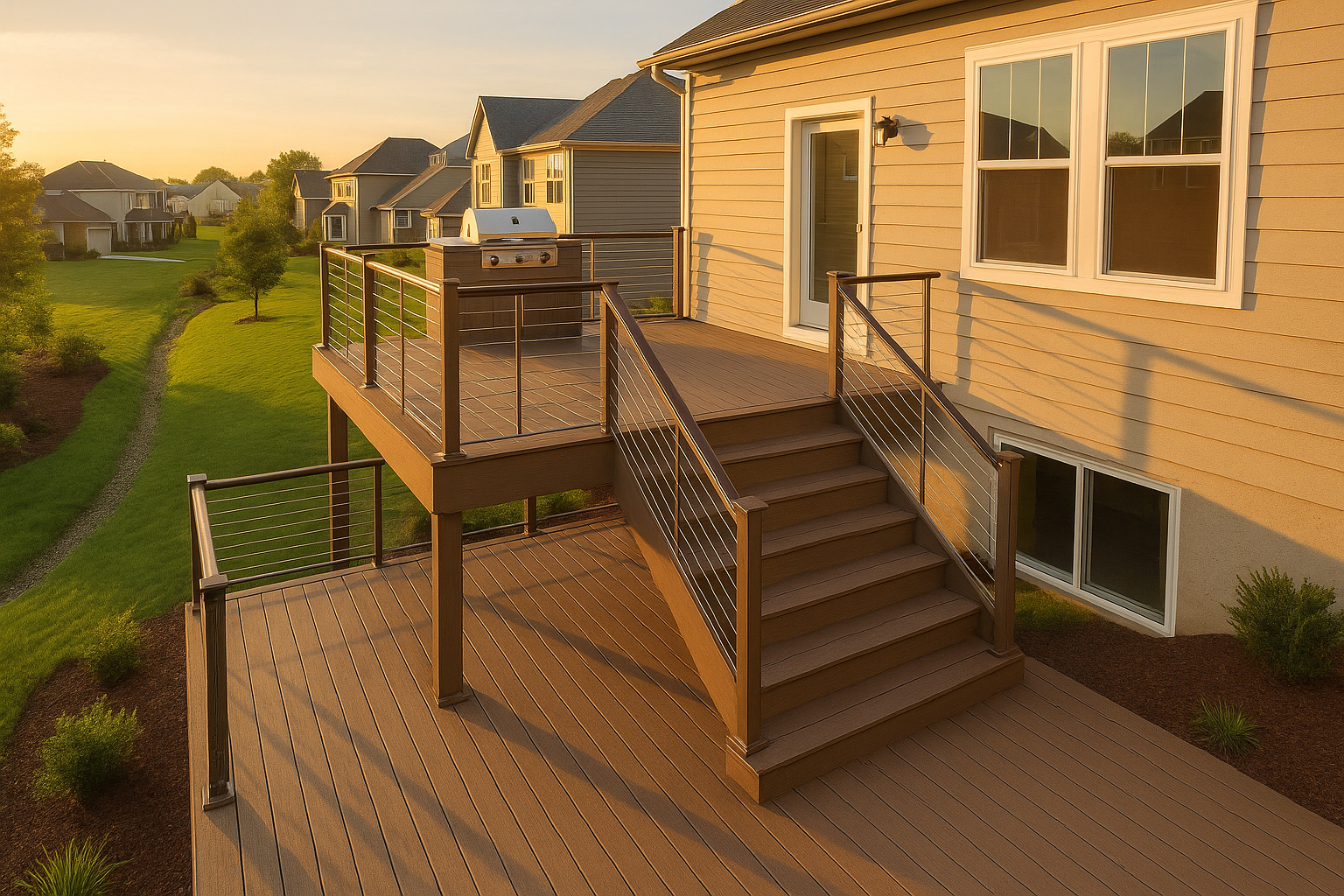 Two-level composite deck with built-in grill, tiered stairs to sloped backyard and walkout basement in warm golden hour light.