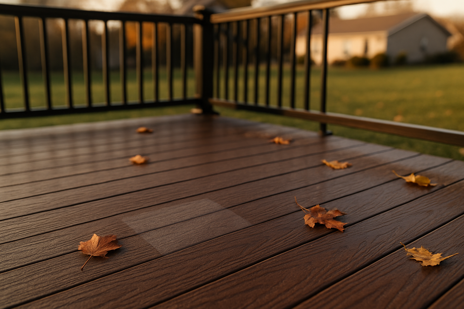Close-up composite deck boards with faint rectangular gray stains, warm golden-hour light, suburban backyard, damp sheen.