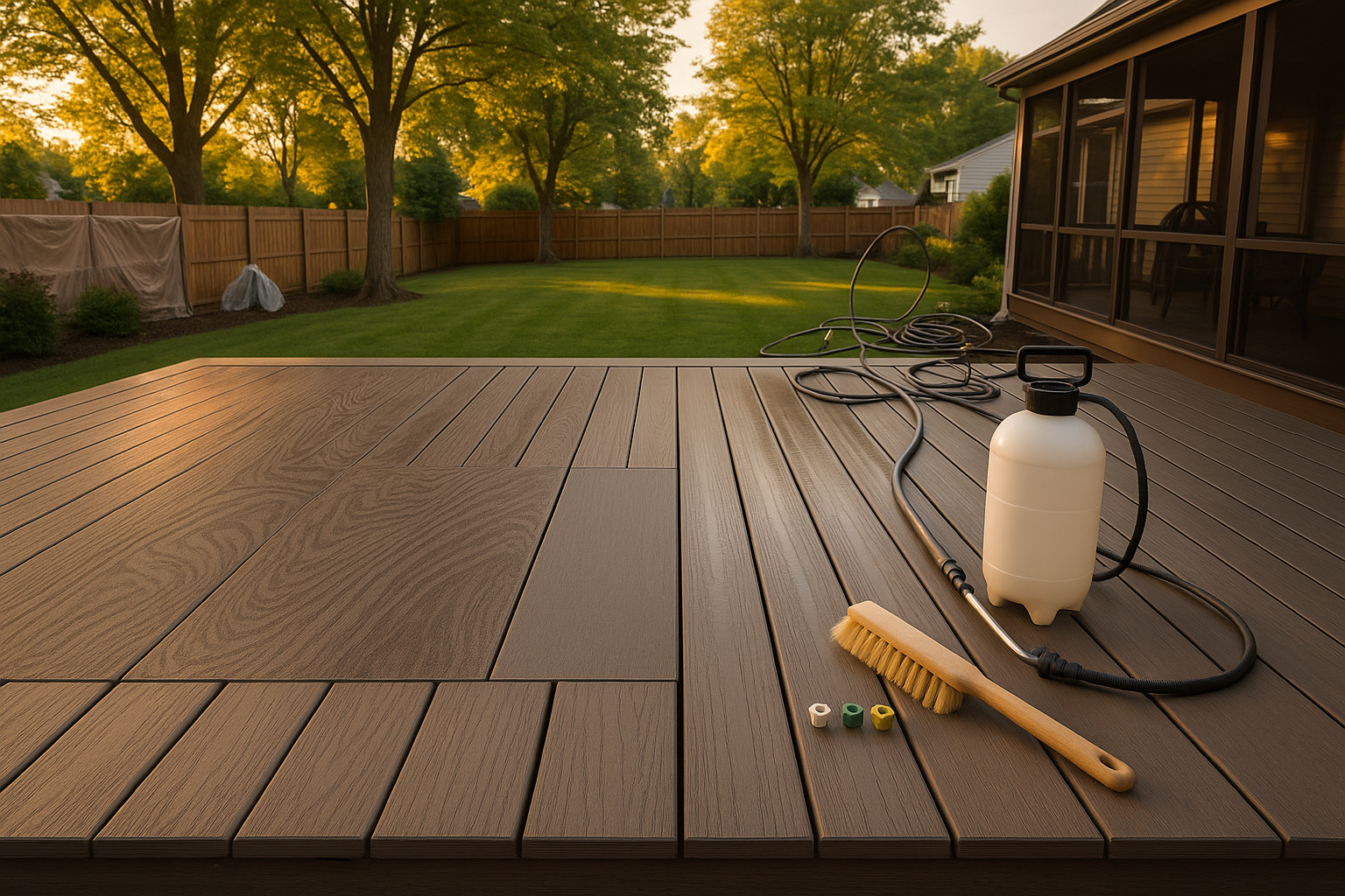 Wide golden-hour composite deck in Indianapolis backyard showing cap-layer damage next to undamaged board, staged equipment, no people.