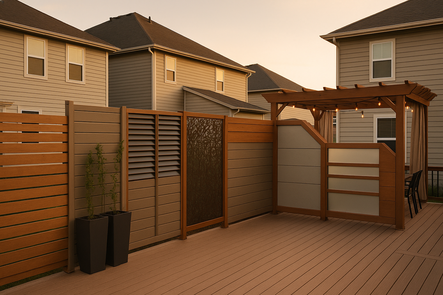 Wide golden-hour Indianapolis deck with cedar slat screen, composite panel, louvers, trellis, metal screen, frosted glass, pergola; neighbor houses close.