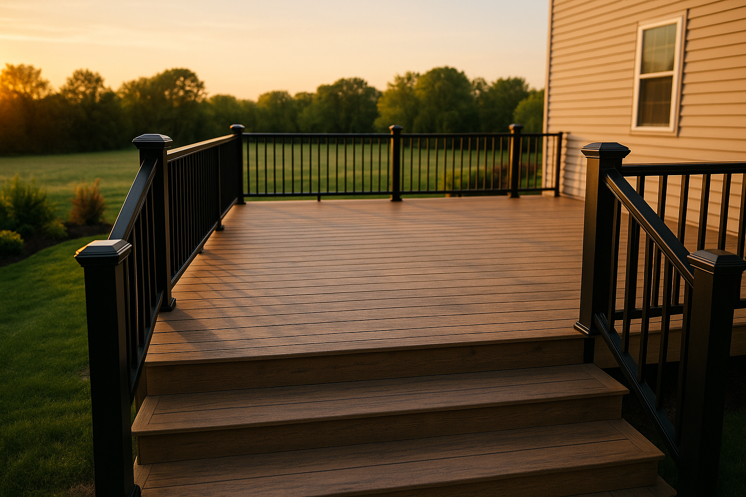 Golden-hour wide deck with black powder-coated aluminum railing, stairs, and landscaped Indianapolis backyard.