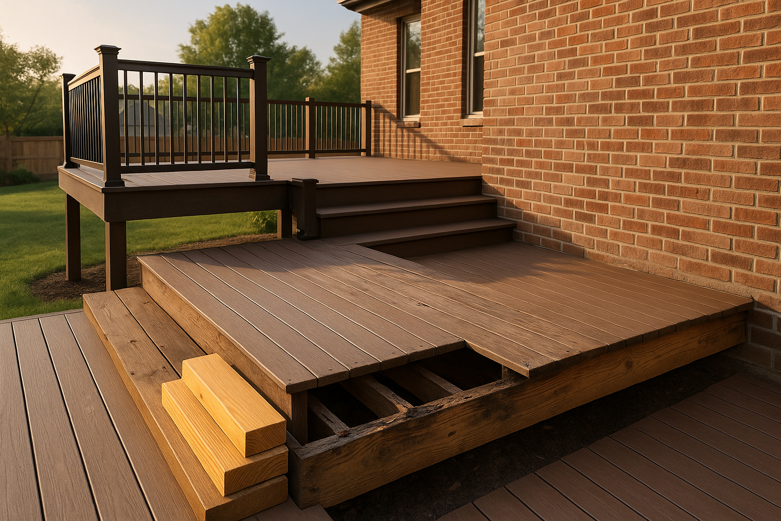 Two-level deck: intact upper composite deck, sagging lower deck with exposed joists and compromised ledger, warm golden hour, brick-veneer backyard.