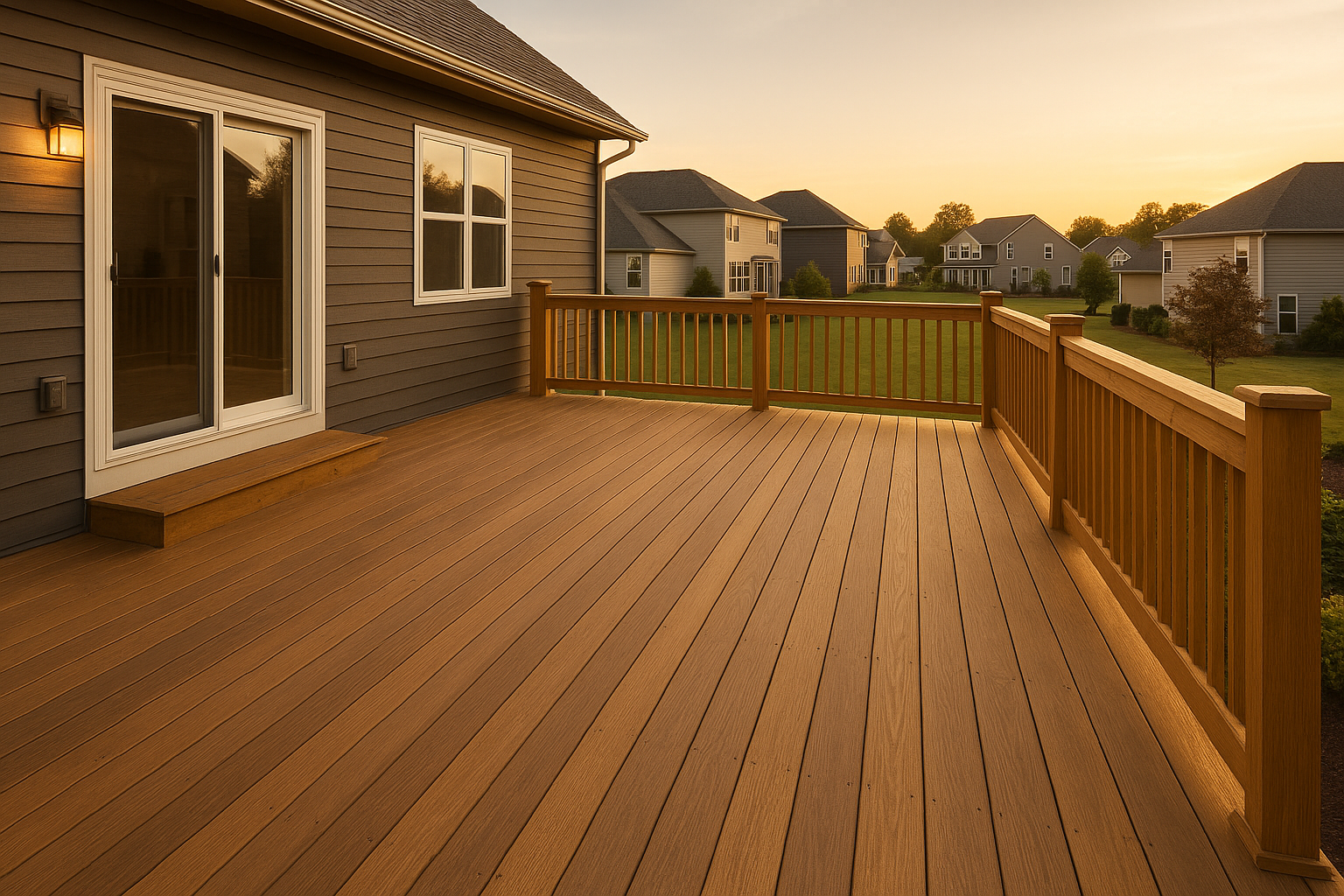 Wide suburban Indianapolis backyard deck at golden hour showing deck, house, and yard grading.