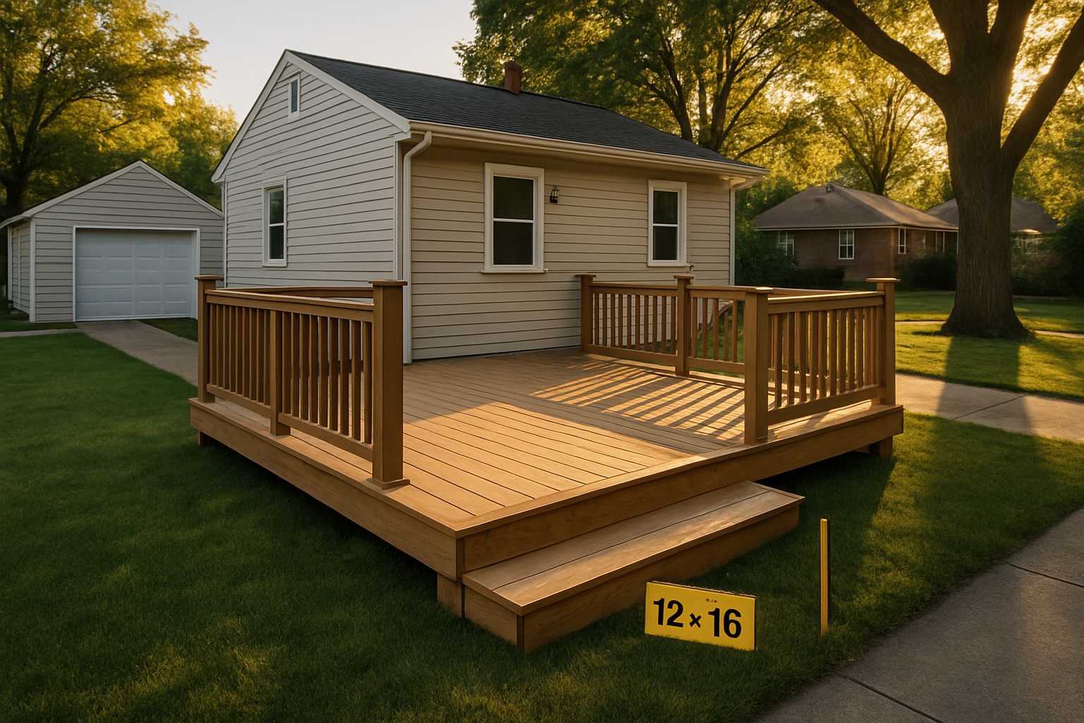 Wide golden-hour exterior of a 12x16 residential deck in Indianapolis, measured scale stake, lawn and garage background.