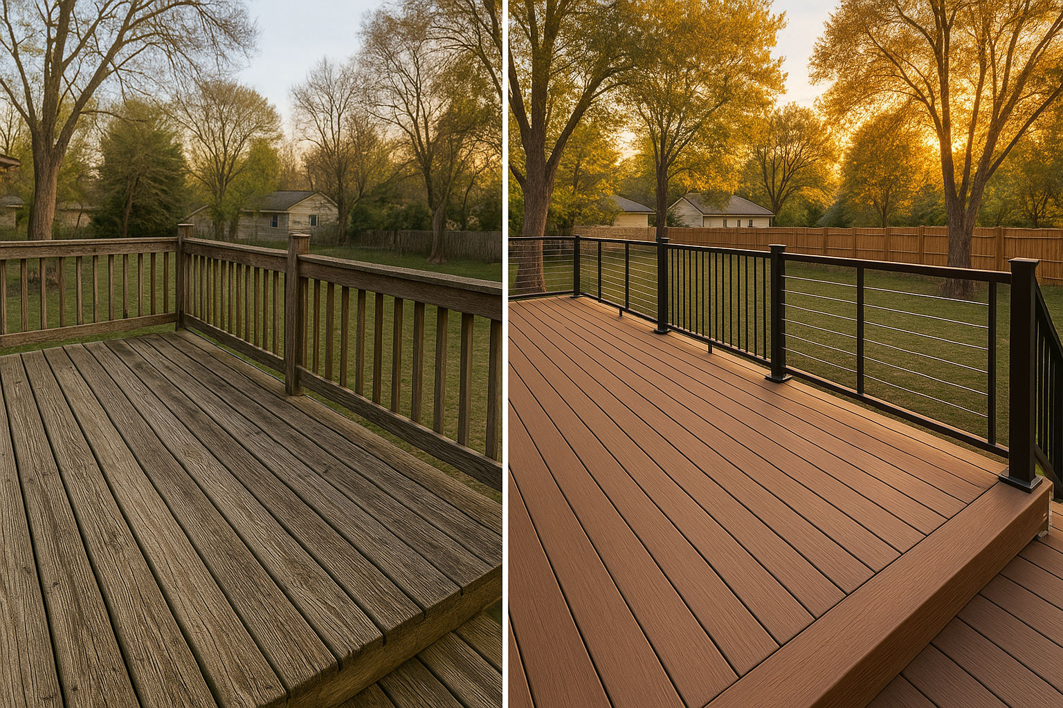 Before-and-after deck: worn wood left, new composite decking and modern rail right, warm golden hour in Indianapolis backyard.
