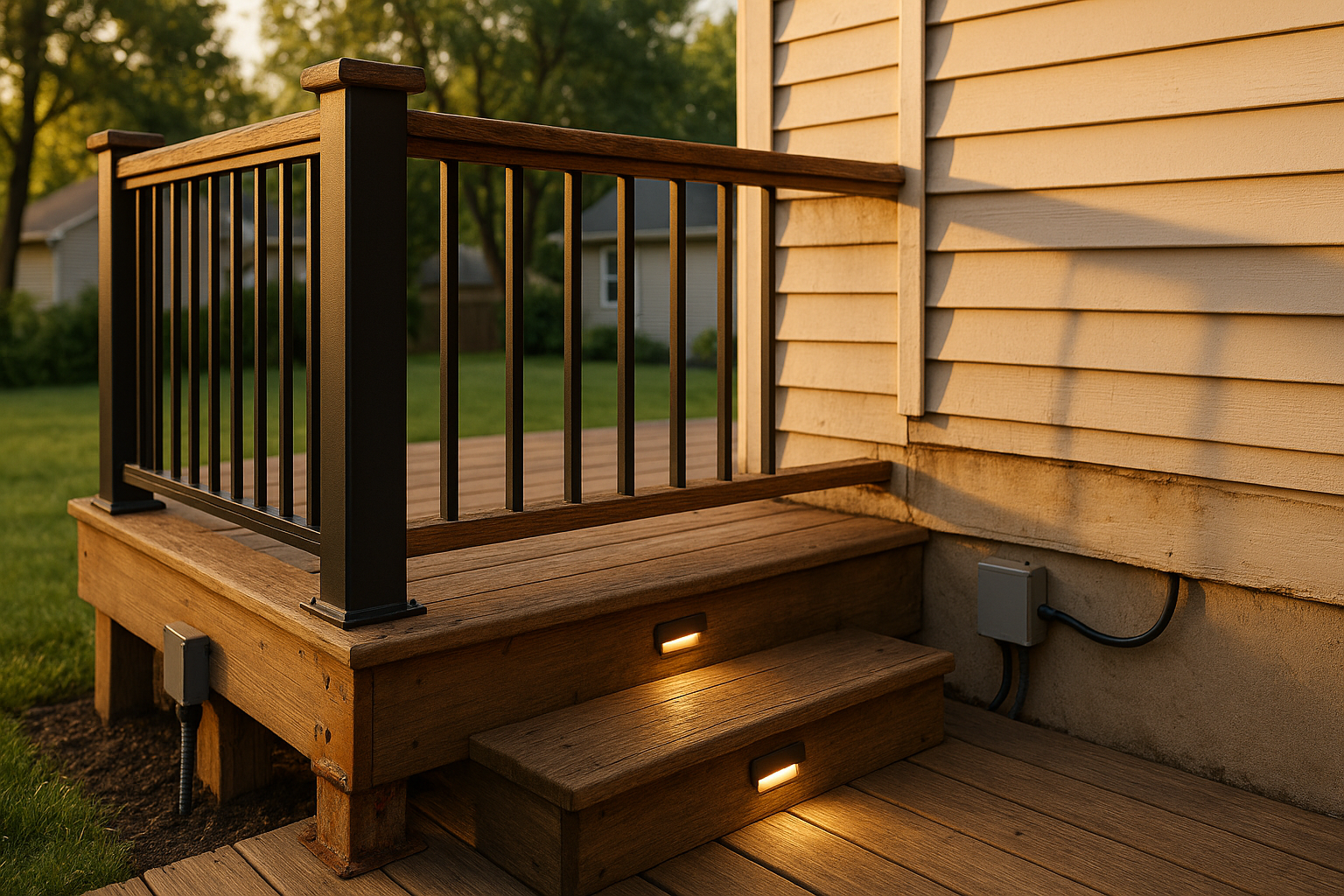 Indiana suburban deck overview at golden hour with corroded post bracket, aluminum railing, LED step lights, transformer, and ledger water damage.