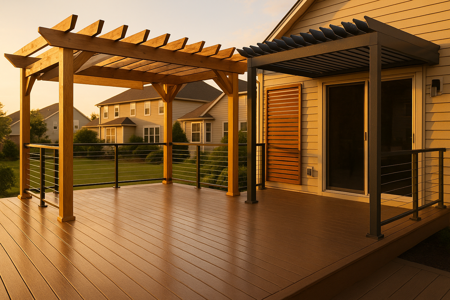 West-facing deck with open-rafter pergola, deployed/retracted fabric canopy, louvers, cable railing, and glare on composite boards in golden-hour light.