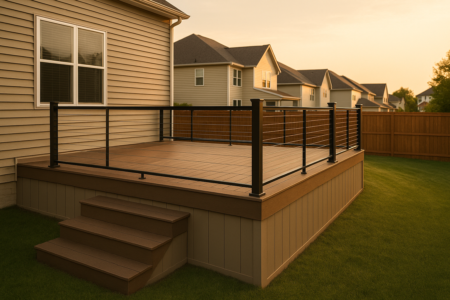 Elevated composite deck with sleek railing, color-matched skirting, warm golden hour in an Indianapolis suburban backyard.