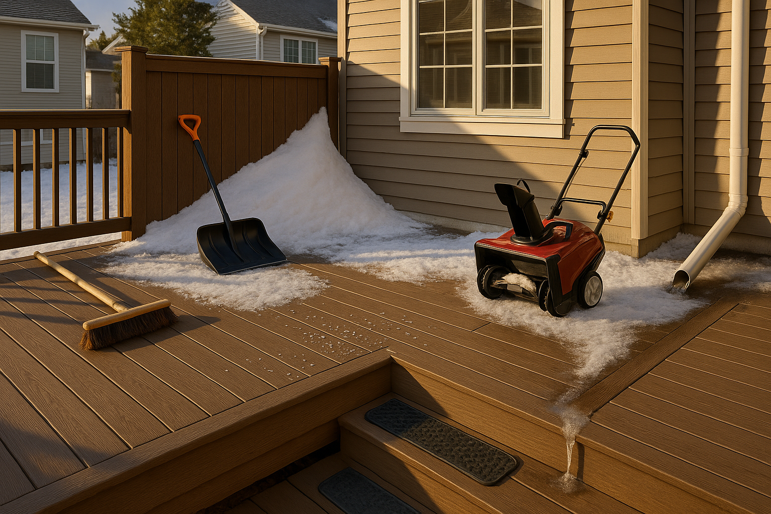 Wide golden-hour shot of a composite deck with tools, snow drift, downspout and visible under-deck drainage in an Indianapolis backyard.